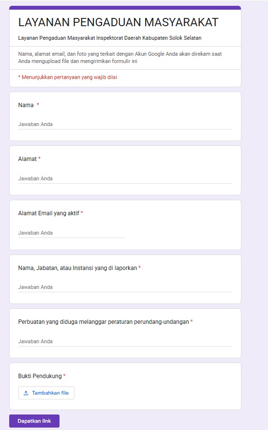 LAYANAN PENGADUAN ONLINE INSPEKTORAT KABUPATEN SOLOK SELATAN